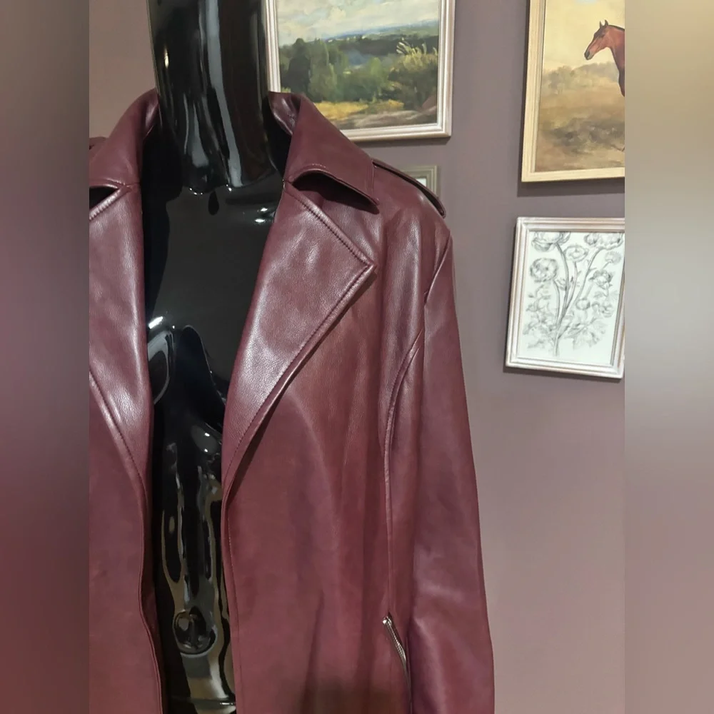 NWT-Bagatelle Open Front Faux Leather Trench Coat - Medium - Zinfandal - Picture 7 of 11